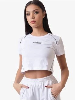 Damen T-Shirt Contrast Piping Crop In Weiß