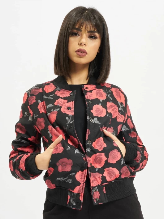 URBAN CLASSICS Damen Bomberjacke Roses In Schwarz 3 URBAN CLASSICS Damen Bomberjacke Roses In Schwarz