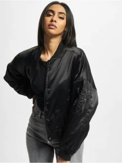 URBAN CLASSICS Damen Bomberjacke Ladies Short Oversized Satin In Schwarz