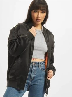 URBAN CLASSICS Damen Bomberjacke Ladies Oversized Satin In Schwarz