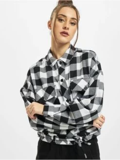 URBAN CLASSICS Damen Hemd Ladies Short Oversized Check In Schwarz