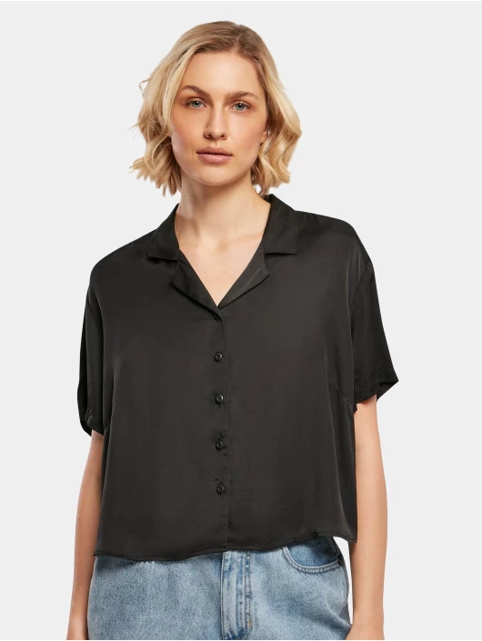 URBAN CLASSICS Damen Hemd Ladies SS Viscose Satin Resort In Schwarz 3 URBAN CLASSICS Damen Hemd Ladies SS Viscose Satin Resort In Schwarz