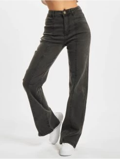URBAN CLASSICS Damen High Waist Jeans Ladies Straight Slim Denim High Waist In Schwarz