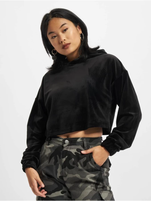 URBAN CLASSICS Damen Hoody Ladies Cropped Velvet In Schwarz 3 URBAN CLASSICS Damen Hoody Ladies Cropped Velvet In Schwarz