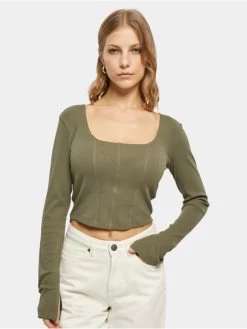 URBAN CLASSICS Damen Longsleeve Ladies Short Rib Corsage In Olive