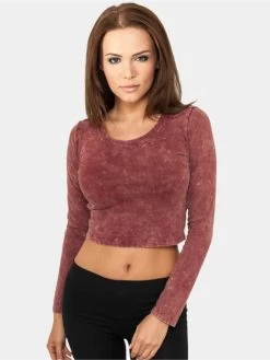 URBAN CLASSICS Damen Longsleeve Cropped Acid Wash In Rot