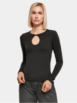 URBAN CLASSICS Damen Longsleeve Ladies Organic Keyhole In Schwarz