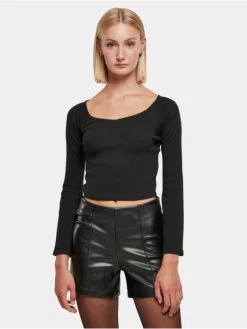 URBAN CLASSICS Damen Longsleeve Ladies Short Rib Wide V-Neck In Schwarz