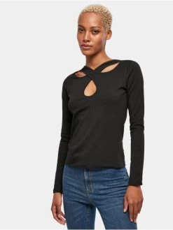 URBAN CLASSICS Damen Longsleeve Ladies Crossed Cut Out In Schwarz