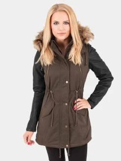 URBAN CLASSICS Damen Mantel Leather Imitation In Olive