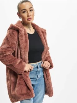 URBAN CLASSICS Damen Mantel Hooded Teddy In Rosa