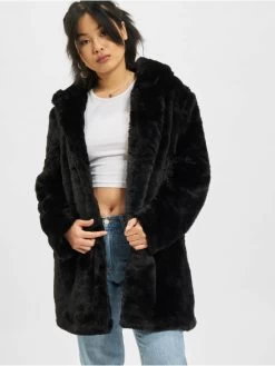 URBAN CLASSICS Damen Mantel Hooded Teddy In Schwarz