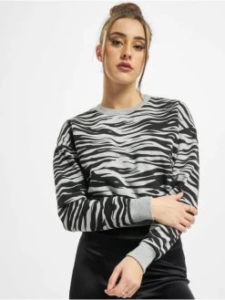 URBAN CLASSICS Damen Pullover Ladies AOP Short Tiger Crew In Grau