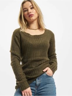 URBAN CLASSICS Damen Pullover Ladies Long Wideneck In Olive