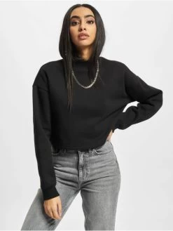 URBAN CLASSICS Damen Pullover Ladies Cropped Oversized High Neck Crew In Schwarz