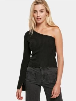 URBAN CLASSICS Damen Pullover Ladies Short Rib Knit One Sleeve In Schwarz