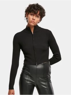 URBAN CLASSICS Damen Strickjacke Ladies Cropped Rib Knit Zip In Schwarz