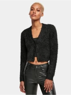 URBAN CLASSICS Damen Strickjacke Ladies Cropped Feather In Schwarz