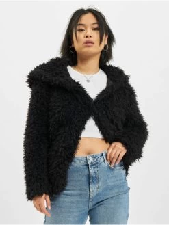 URBAN CLASSICS Damen Übergangsjacke Hooded Teddy In Schwarz