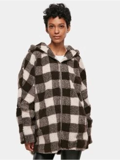 URBAN CLASSICS Damen Winterjacke Ladies Hooded Oversized Check Sherpa In Braun