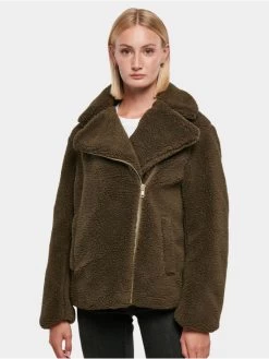 URBAN CLASSICS Damen Winterjacke Ladies Sherpa Biker In Olive