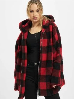 URBAN CLASSICS Damen Winterjacke Ladies Hooded Oversized Check Sherpa In Rot